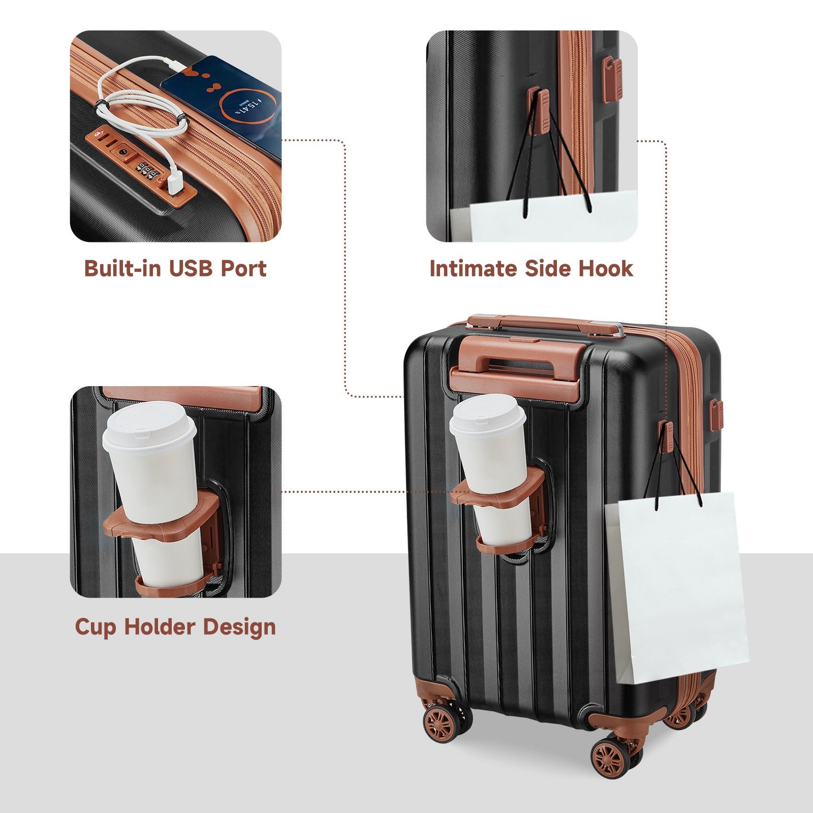6 Pieces Set 18/20/24/28 INCH Carry On Luggage Set TR007 Plus with Cup Holder and USB Port - 图片 9